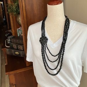 Black Beaded Necklace - 34.5" Long Multi-strand Brooch Necklace